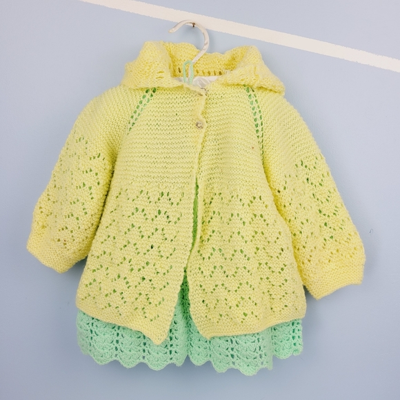 Infant Baby Crochet Dress And Sweater Set Hand Crafted Green And Yellow - Picture 1 of 16